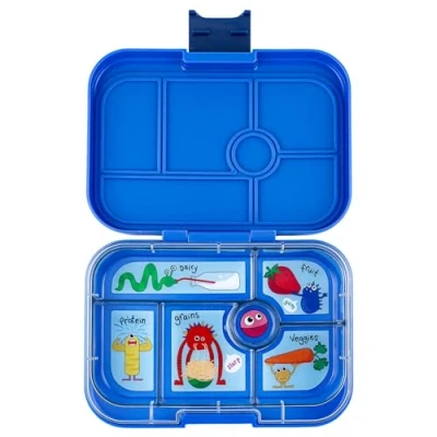 Image of yumbox Original Leakproof Kids Bento Lunch Box, 5 Compartments + Dip Well, Easy Open Latch, Portion Control, Removable Illustrated Tray, Ages 3 7 (Surf Blue (Funny Monsters Tray))