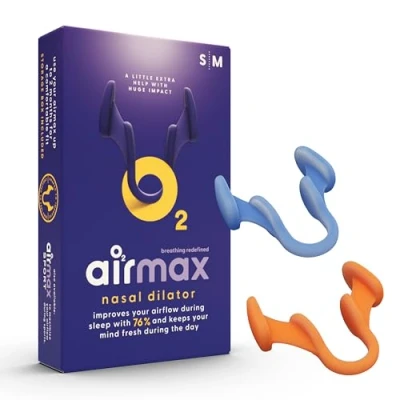 Image of Airmax nasal dilator trial pack anti snore devices 76% more air Breathe freely through the nose Guaranteed fit 1x small &amp; medium Snoring aid for men and women sleep better wake up rested congestion Free storage case incl.