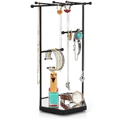 Image of BELLE VOUS Black Hexagon Necklace Jewellery Organiser Stand 3 Tier Metal Display Tree with Mirror Base Storage Holder Tower for Necklaces, Bracelets, Earrings, Rings, Cosmetics &amp; Accessories