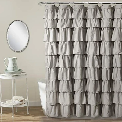 Image of Lush Decor Ruffle Shower Curtain Floral Textured Vintage Chic Farmhouse Style Design, Light Gray, 72&quot; x