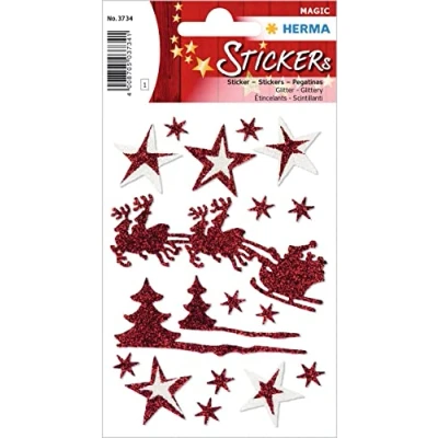 Image of HERMA 3734 Christmas Stickers, Sleigh Ride (18 Foil, Glitter) Self Adhesive Decoration, Permanent Labels for Christmas, Gifts, Crafts, Advent Calendar, Colourful