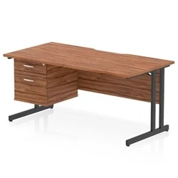 Image of Impulse 1600 x 800mm Scalloped Edge Straight Office Desk Walnut Top Black Cantilever Leg Workstation 1 2 Drawer Fixed Pedestal