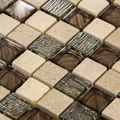 Image of Luxury Textured Brown, Iridescent Glass &amp; Ivory Stone Mosaic Wall Tile Sheet 8mm