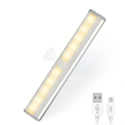 Image of Motion Sensor Cupboard Light, Magnetic Under Counter Lights with 10 LED, Rechargeable Battery by USB Cable Included. Warm Night Light Bar 20CM Closet, Kitchen, Hallway, Bathroom, Staircase.