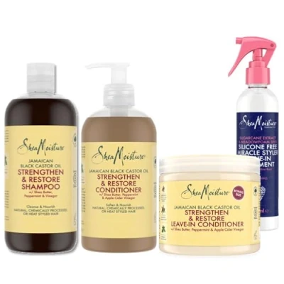 Image of SheaMoisture Jamaican Black Castor Oil Strengthen &amp; Restore Shampoo 384ml + Conditioner Leave In 431ml Sugarcane Extract, Meadowfoam Seed Treatment 237ml