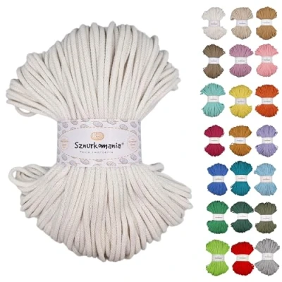 Image of Sznurkomania Braided Cotton Cord, 5 mm, 100 m, White, Premium Yarn for Macrame, Crochet, Knitting