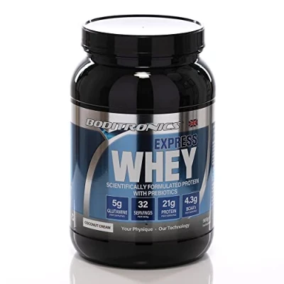 Image of Boditronics Express Whey Protein Powder Muscle Building with Dietary Fibre, BCAA and High Levels of L Glutamine Prebiotic Mass Gainer Isolate Shakes (Coconut Cream, 900 g)