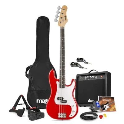Image of Max GigKit Wireless Electric Bass Guitar Starter Kit with 40W Amplifier, Strap, Stand, Bag, Tuner and Strings Set Full Size, Red