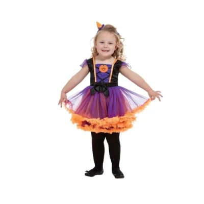 Image of Smiffys Toddler Pumpkin Witch Costume, Orange with Dress &amp; Headband, Halloween Child Fancy Dress, Up Costumes