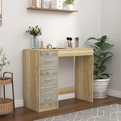 Image of URBNLIVING 3 Drawer Wooden Bedroom Dressing Table (Oak Carcass + Ash Grey Drawers)