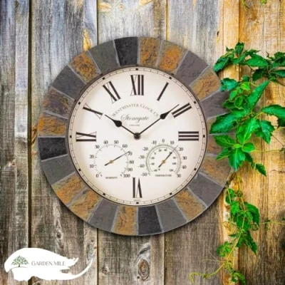 Image of Homezone® Modern Round Shape Slate Effect Wall Clock Power Operated Waterproof and Weatherproof Large Garden Indoor or Outdoor Decorative Ornament for Living Room, Home Decor (35cm)