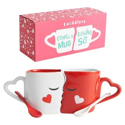 Image of Kissing Mugs Set with Gift Box Large Matching Couple Ceramic Chip Free Stoneware Mr Mrs Him Her Bride Groom Husband Wife Romantic Quirky Present for Weddings Anniversaries Valentine&#039;s Day.