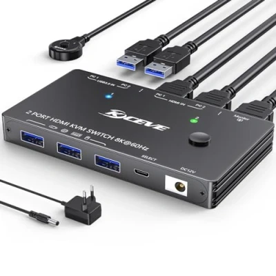 Image of 8K HDMI KVM Switch 2 port 8K@60Hz 4K@120Hz, PC 1 monitor USB 3.0 HDMI2.1,HDR10,HDCP2.3, for computers share and 3 devices,With Wired Remote, Cable, Power Adapter