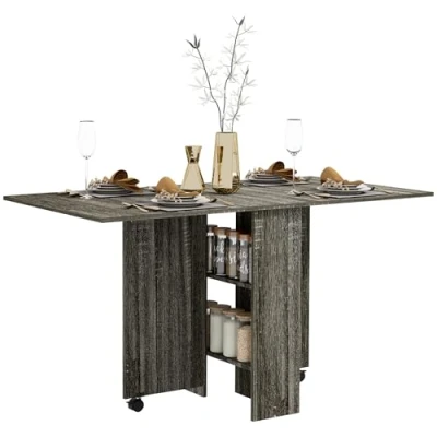 Image of HOMCOM Folding Dining Table, Drop Leaf Table for Small Spaces with 2 tier Shelves, Kitchen Rolling Casters, Grey