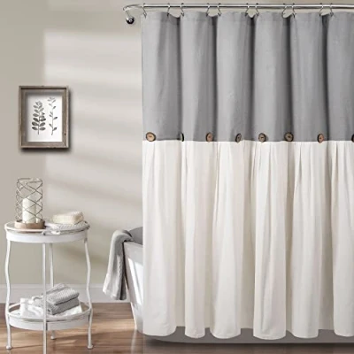 Image of Lush Decor Linen Button Shower Curtain, 72&quot; x 72&quot;, Gray &amp; White