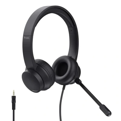 Image of Trust Ayda On Ear PC Headset with Mic 3.5mm, Lightweight Design, Adjustable Headband, 1.8m Cable, Wired Headphones Microphone for Computer, Laptop, Desktop, Mac, Home Office, Zoom, Teams Black