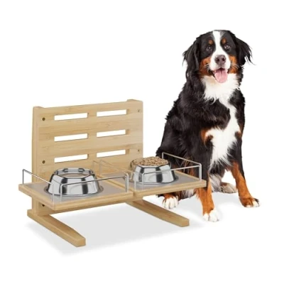 Image of Relaxdays Feeding Station, Height Adjustable Dog bar, HBT: 37 x 55 36 cm, Bowl Stand with Silicone mat, Bamboo, Natural, 10% 5% Stainless Steel 85%, 37x55x36 cm