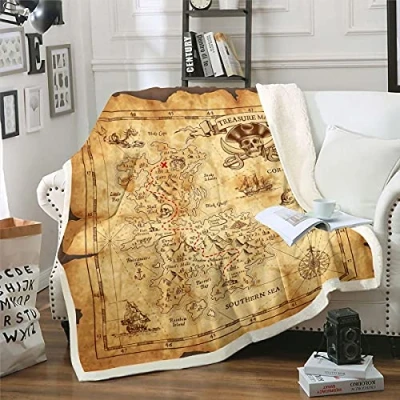 Image of Homemissing Nautical Island Map Sherpa Blanket Kids Vintage Old Pirate Ship Fleece Throw Ocean Ancient Skull Fuzzy for Sofa Bed,Single 50x60 Inch