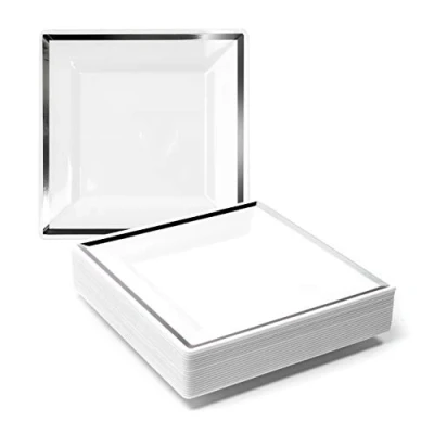 Image of MATANA 20 Premium Square White Plastic Dessert Plates with Silver Rim, 16.5cm / 6.5 Inch Reusable Small Side Plates, Starter for Weddings, Birthdays, Picnic, BBQ, Parties