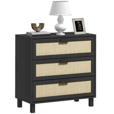 Image of HOMCOM Rattan Bedroom Chest of Drawers, 3 Drawers Storage Unit, Boho Dresser for Living Room, Hallway, Black