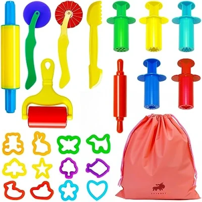 Image of Jiosdo Playdough Tools and Cutters, 23 Pcs Dough Rollers Cutters Extruders Kit, Sets for Kids, Clay Accessories with Drawstring Bag, Creation Educational Toy Gift Set