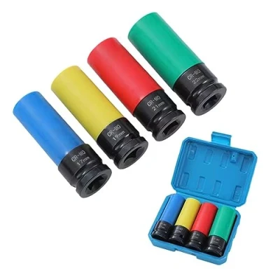 Image of KATSU 1/2 Inch Drive Wheel Protector Impact Deep Socket Set 17mm 19mm 21mm 22mm 4PCs Thin Wall Multicolour Metric Lug Nut Sockets, Chrome Moly Steel, Auto Repairing Garage Tool