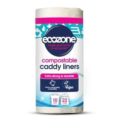 Image of Ecozone Caddy Liners, 100% Compostable &amp; Biodegradable Bin Bags, 10 Litre Size, Strong Tear Resistant, Eco Friendly Vegan Natural Sacks Made from Plants, Plastic Free (Roll of 22), Green