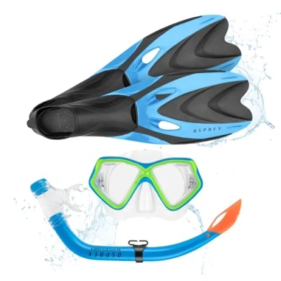 Image of Osprey Junior Snorkel Set with Flippers, 3 Piece Diving Mask and Fins for Boys Girls, Kids from 6 to 14 Years, Multiple Colours