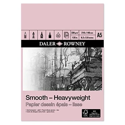 Image of Daler Rowney Smooth 220gsm A5 Heavyweight Drawing Paper Pad, Glued 1 Side, Acid free, 25 Natural White Sheets, Ideal for Professional Artists &amp; Students