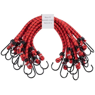 Image of PRETEX Heavy Duty Bungee Cords with Hooks Set of 12 Extra Strong Bungees for Camping &amp; Outdoors Elastic Tie Down Luggage Straps Universal Cord 38 cm (15&quot;) Long, Red