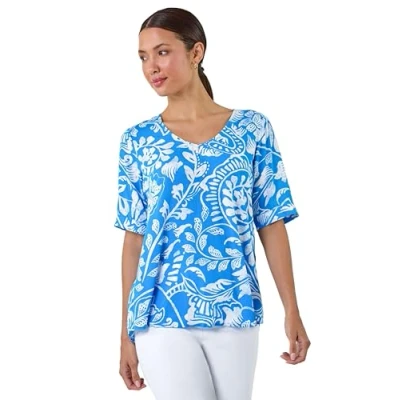 Image of Roman Womens Abstract Leaf Print Button Back Top Turquoise Size 12 UK