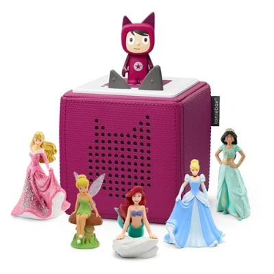 Image of tonies Ultimate Disney Princess Purple Toniebox Starter Set Bundle with 1 Creative Tonie, Jasmine, Tinker Bell, Cinderella, Beauty and The Beast Little Mermaid Tonie Characters