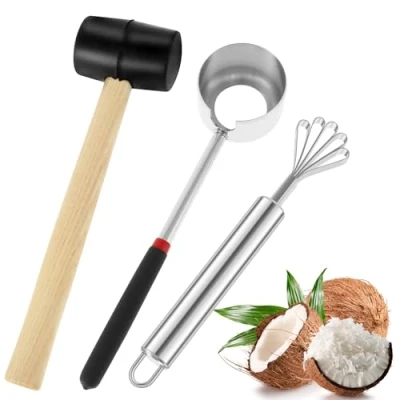 Image of Coconut Opener Tools Set Food Grade 304 Stainless Steel Breaker Kit with Hammer and Meat Scraper Safe Easy Hand