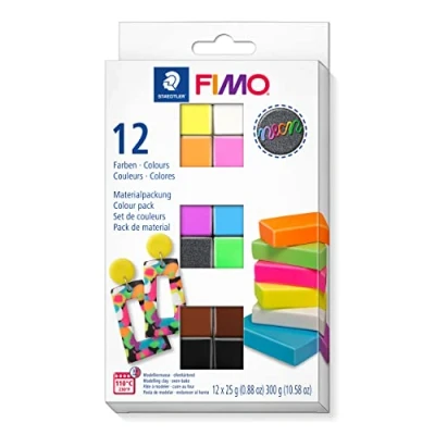 Image of STAEDTLER 8013 C12 3 FIMO Effect Oven Hardening Polymer Modelling Clay Neon, Assorted Colours (Pack of 12 x 25g Half Blocks)