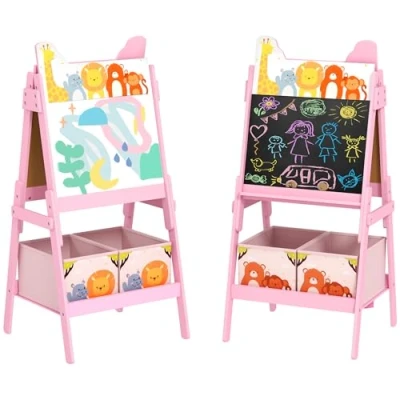 Image of AIYAPLAY Kids Easel, 2 in 1 Easel for Toddlers with Whiteboard, Chalkboard, Storage Boxes, Double Sided 3 8 Years, Pink