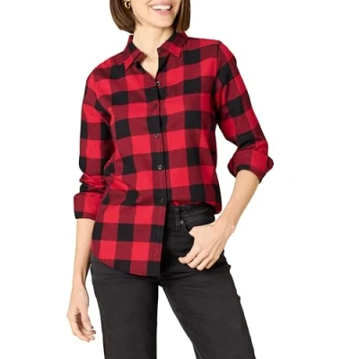 Image of Amazon Essentials Women&#039;s Classic Fit Long Sleeve Lightweight Plaid Flannel Shirt, Red Buffalo Check, L