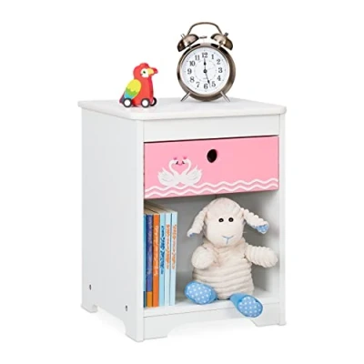 Image of Relaxdays Children&#039;s Bedside Table, Cute Swan Design, Drawer &amp; Storage Compartment, HxWxD: 41 x 32 31 cm, White/Pink, Fibreboard, 41x32x31cm