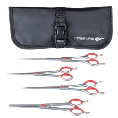 Image of Roseline Red Straight Scissor Set with Free Case Professional Pet Grooming Shears Kit Razor Sharp Blades for Precise Cutting Ergonomic Handles Ideal Dogs, Cats, and Small Animals