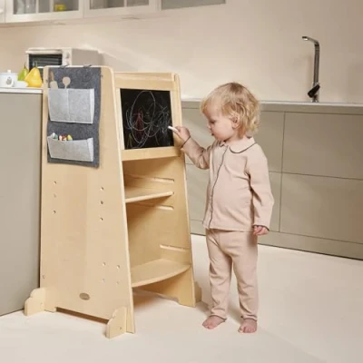 Image of Allis Baby Learning Tower, Natural Wooden Toddler Steps, Montessori Kitchen Helper for Kids Step Stool with Adjustable Shelves (Natural Wood)