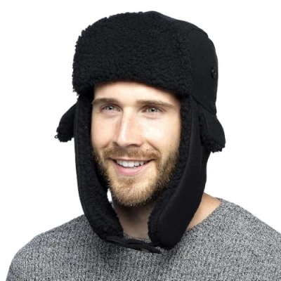 Image of A2Z Mens Trapper Hat with Borg Trim Lined Ear Flaps Hats Adjustable Clip Fastening MH644 Black One Size