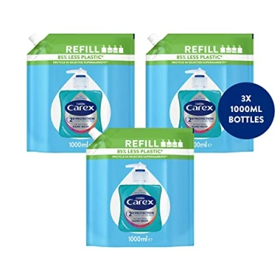 Image of Carex 2 Hour Protection Antibacterial Original Hand Wash Refills, Liquid Soap Eco Refill for Homes &amp; Businesses, Clean Protect Hands, Bulk Buy, Pack of 3 x 1 litre
