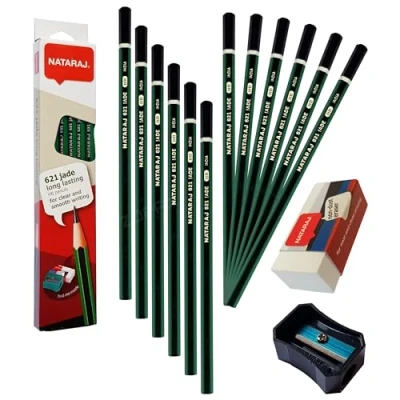 Image of HB Pencils, Pack of 10, ZJax Hexagonal Pencils Eraser Sharpener Pack, Break Resistant Bonded Lead Write Draw Sketch, iZOFAX Black Ball Pen