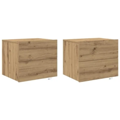 Image of vidaXL Oak Bedside Table/Wall Mounted Nightstand Artisan Finish, Bedroom/Study Fit Brown, Rectangle, Solid Wood, 30kg Capacity, 2 Drawers