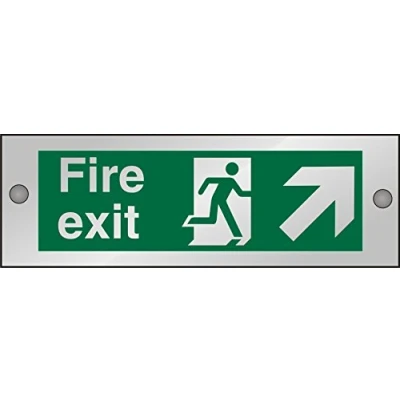 Image of Seco Fire Exit Exit, Man Running Right, Arrow Pointing Up &amp; Right Sign, 300mm x 100mm 5mm Clear Acrylic with Stand Off Fixings