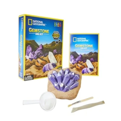 Image of National Geographic Gemstone Dig Kit Fascinating Gem Excavation Kits for Kids with Authentic Amethyst, Quartz and Tiger&#039;s Eye STEM Educational Science Gifts 8+ Year Old Boys Girls