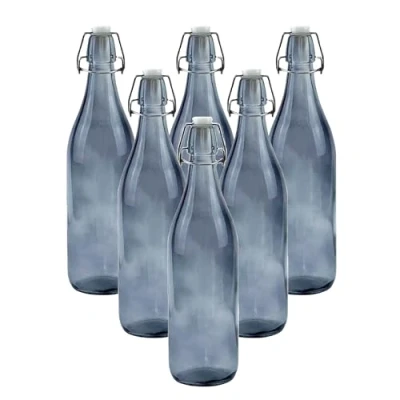Image of simpa 1 Litre Traditional Vintage Style Glass Bottles with Swing Top Lids Set of 6 Grey Bottles.