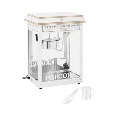 Image of Royal Catering Popcorn Machine Maker Popper Retro White &amp; Gold 5 6kg/h 1600W RCPS WG1 (Stainless Steel, Tempered Glass, Aluminium, Teflon, 16 L/h, Crumb Drawer)