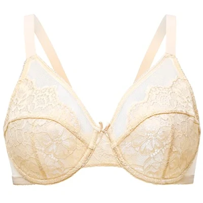 Image of MELENECA Women&#039;s Full Coverage Unlined Plus Size Minimizer Underwire Lace Bra Beige 46G