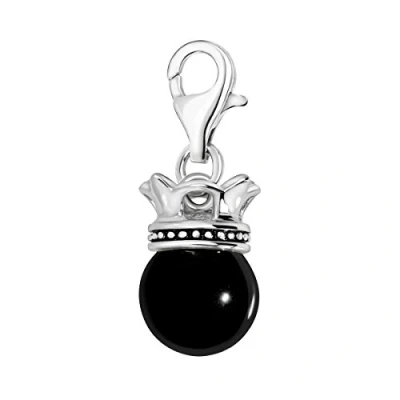 Image of Quiges 925 Sterling Silver Black Imitation Pearl with Crown Lobster Clasp Charm Clip on Pendant