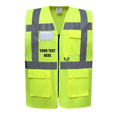 Image of Personalised Custom Text Yellow Zipped Hi Vis Viz Safety Vest Waistcoat Reflective High Visibility EN471 BS xxx large
